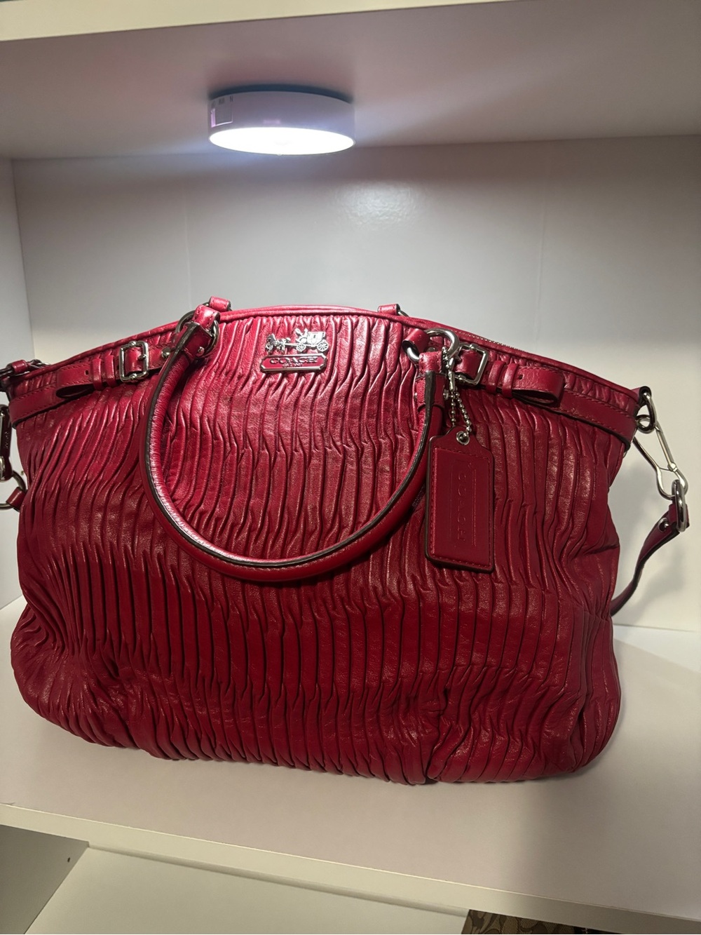 Coach Red Pleated Leather Tote with Detachable Strap